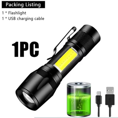 Mini LED Rechargeable Flashlight COB+XPE Zoomable Torch 3 Mode Built-In Battery 
