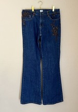Cache Embellished Dark Wash Blue Beaded Embroidered Boot Cut Jeans Size 10