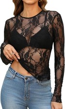Womens Mesh Tops Lace Long Sleeve Shirt Crewneck Slim Fitted Outfits See Through