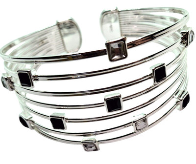 NRO Signed Cuff Bracelet Silver Tone With Black Clear Crystals Mod Geometric