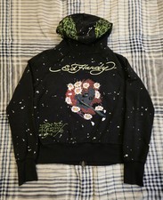 Vtg Ed Hardy Full Zip Hoodie Embroidered Skull Flowers Lion Black Womens Small