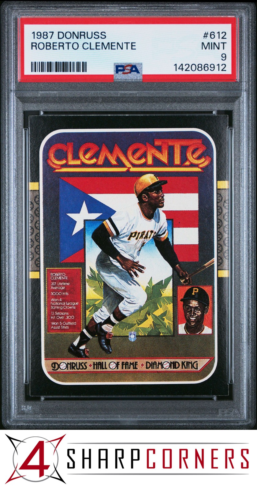 1987 DONRUSS #612 ROBERTO CLEMENTE PIRATES HOF PSA 9