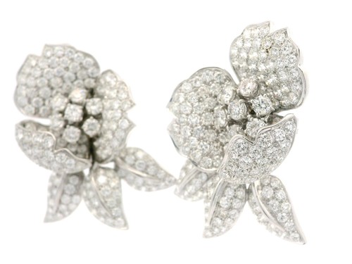 Amazing 18k White Gold 16ctw Round Diamond Covered Large Flower Omega Earrings - Picture 2 of 12