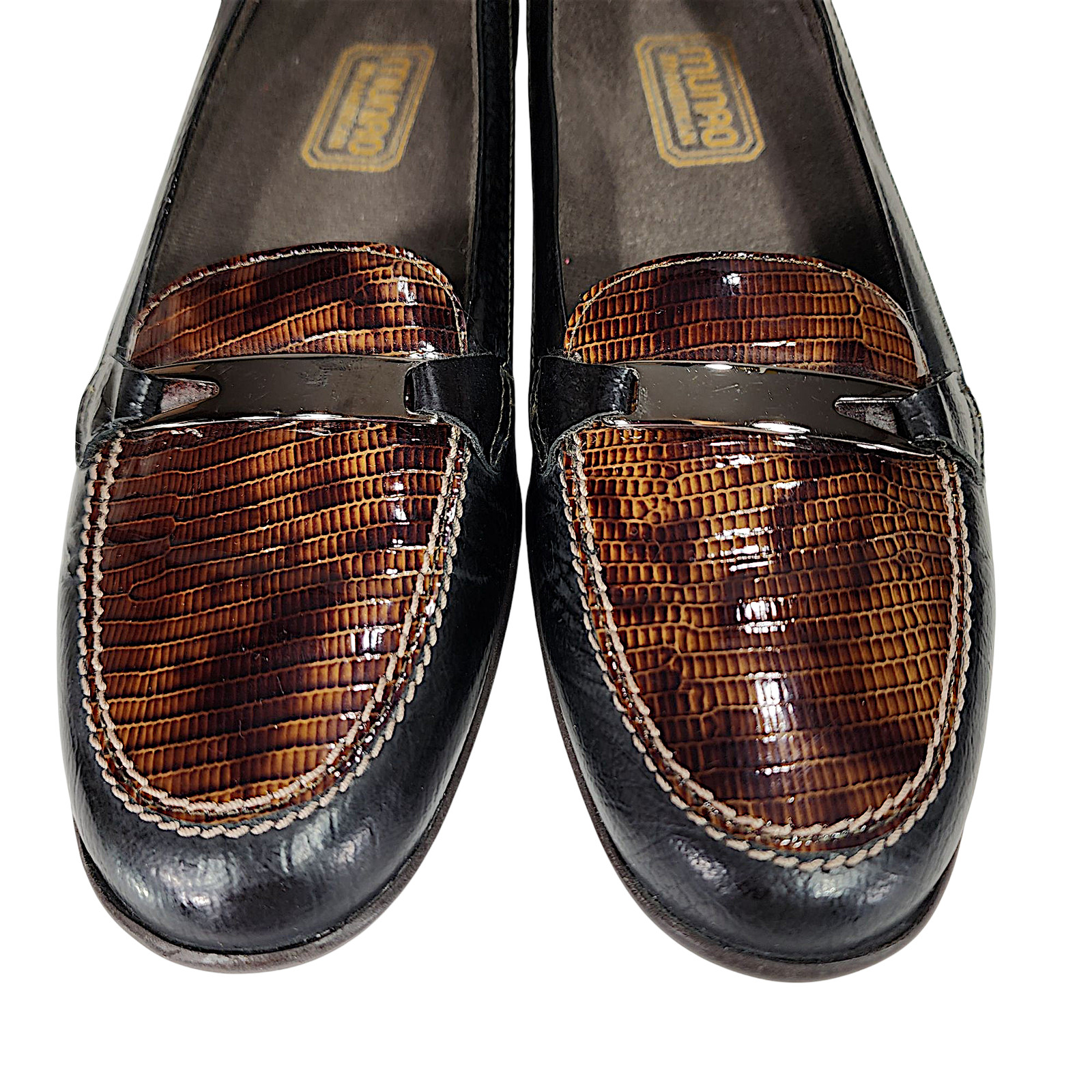 Munro American Snakeskin Loafers sz 7N Women Patent Leather Horsebit Black Brown