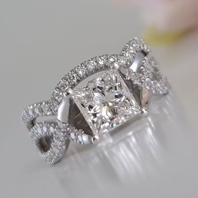 2.20CTW Princess Cut Certified D Moissanite Engagement Ring 14KWhite Gold Plated