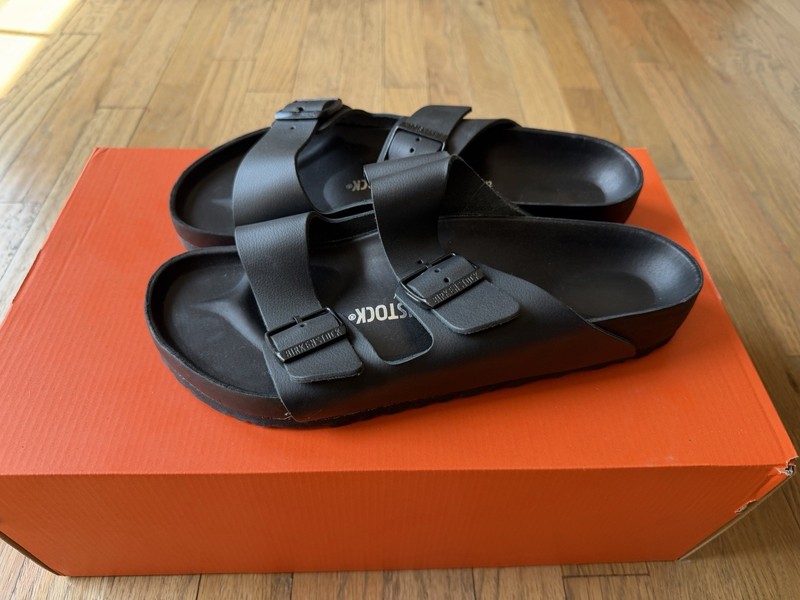Birkenstock Arizona Men’s Black Leather 2-Strap Buckle Slide Sandals EU 42
