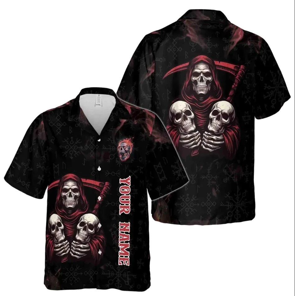 Customize Name Grim Reaper Scythe And Skulls Fire Runes Pattern Hawaiian Shirt
