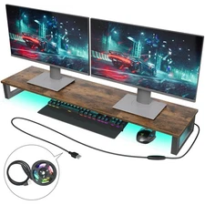 Dual LED Monitor Stand with RGB Strip Lights, 37.7" Large Computer Stand for ...