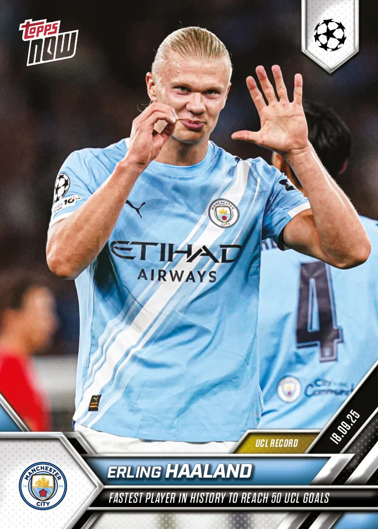 2025 TOPPS ERLING HAALAND TRADING CARD "FASTEST IN HISTORY TO 50 UCL GOALS"