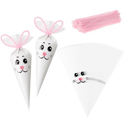 100 Pcs Easter Bunny Cone Shaped Treat Bags 6.7 x 13 Inch Bunny Cellophane Goodi