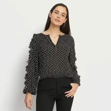 Max Studio Womens Large Black White Polka Dot Blouse Cinched Sleeves Casual