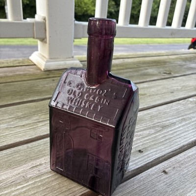 Vintage E C BOOZ S Old Cabin Whiskey Glass Bottle Amethyst Purple Embossed