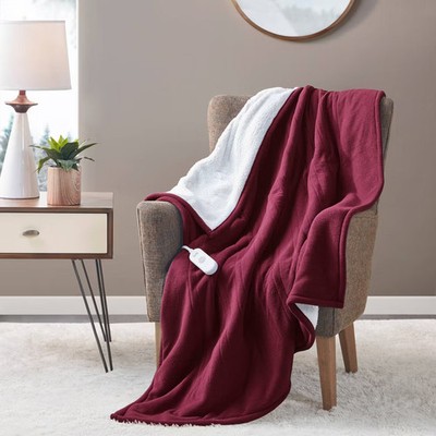 Serta 50''x60'' Fleece to Faux Shearling Heated Throw Burgundy