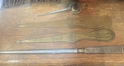 3 Vintage Letter Openers- Old German- 2 Brass Advertising + Worlds Fair Bookmark
