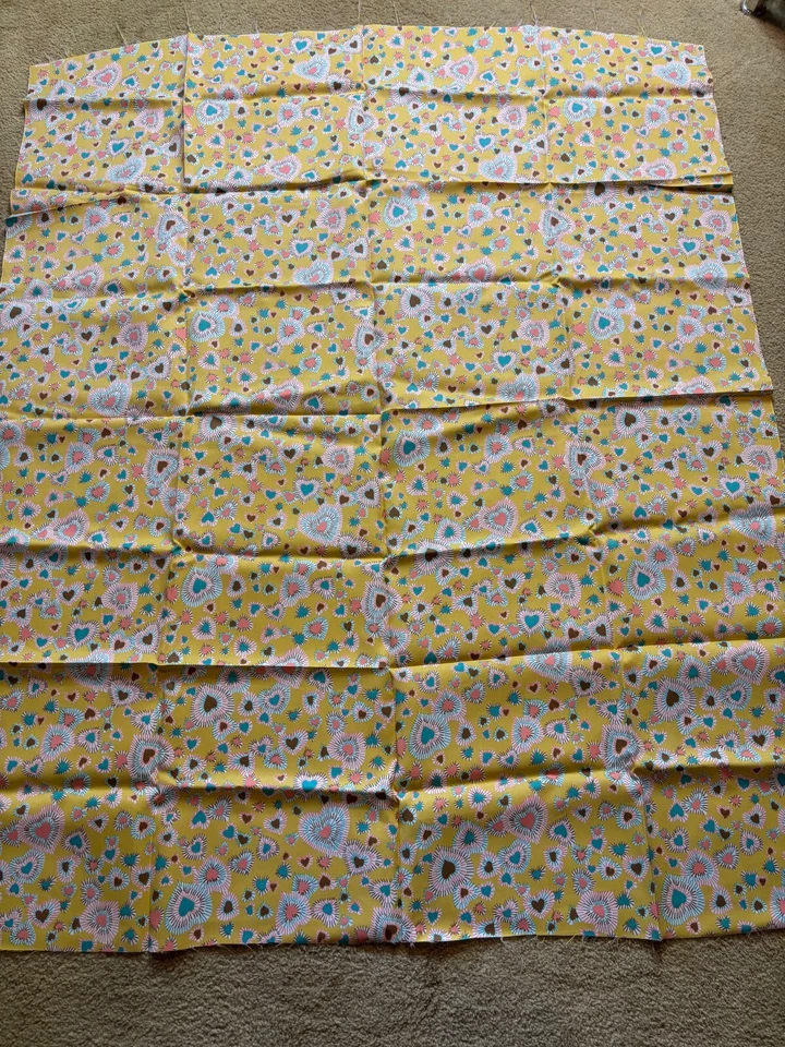 Vintage 60s 70s Sateen Mustard Hippie Love Hearts Mod Gogo Fabric Remnant 44x52 - Image 3 of 4