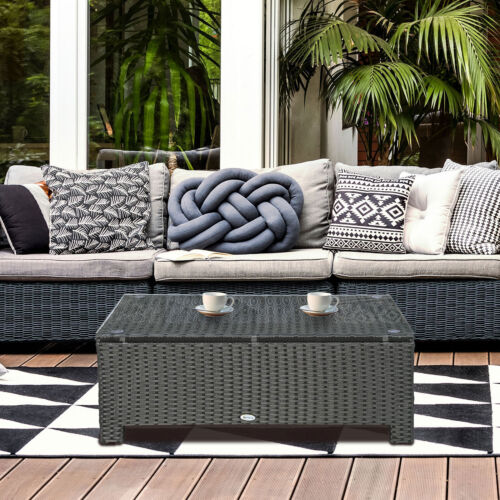 Rattan Wicker Coffee Side Table Patio Garden Furniture with Glass Top Brown - Picture 9 of 11