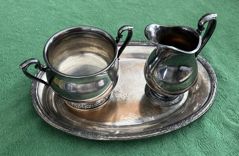 Vtg. Int'l Silver Co. CAMILLE  Rose Sugar Bowl Creamer Tray Set, 6029, 6031