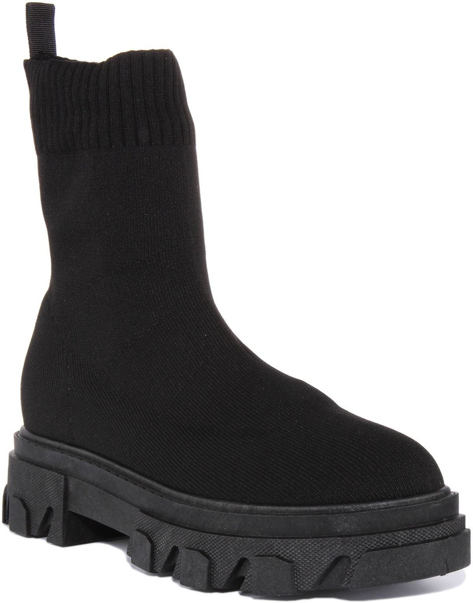 City Shoe Denah601 Chunky Cleated Knitted Sock Womens Boots Black
