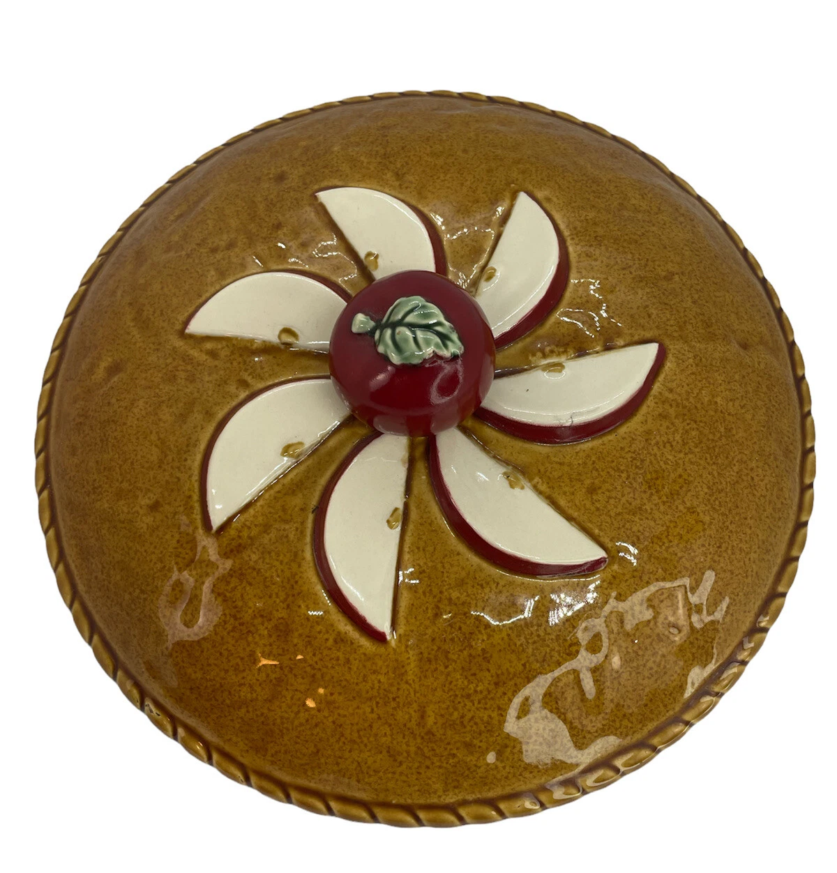 Grandma’s Ceramic Covered Apple Pie Plate Keeper with Lid 10” Apple Slices