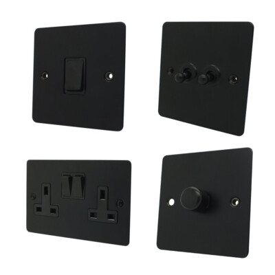 Flache mattschwarze Steckdosen Lichtschalter Dimmer - ganze Palette verfügbar