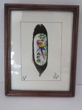 Hand Painted Feather Art Parrot Bird Costa Rican Folk Art Signed Jose Garro