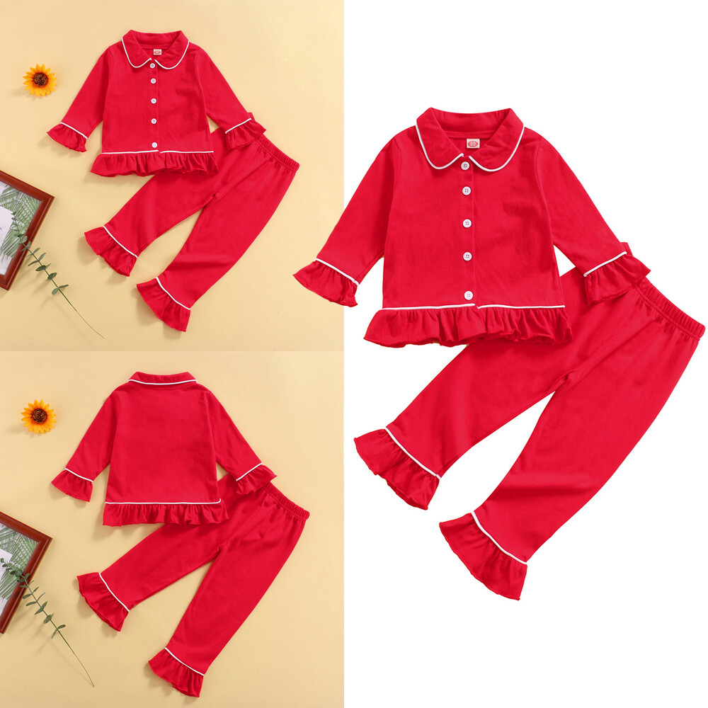 Toddler Kids Baby Girl Solid Pjs Ruffle Long Sleeve Tops+Pants Pcs  Pajamas Set