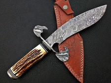 Custom Handmade D2 Steel Bowie Knife Stag Horn Handle With Leather Sheath