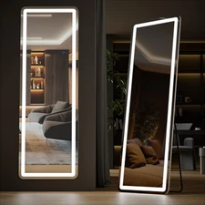 64"x21" Full Length Mirror 3 Color Adjustable LED Light, 3 Mount Type with Stand
