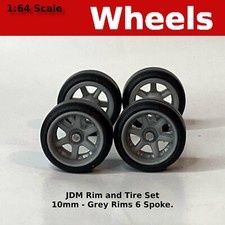 Grey 6 spoke Real Riders JDM Wheels and Tires Set for 1/64 for Hot Wheels