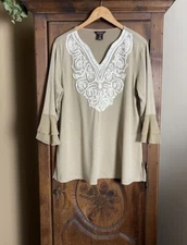 Multiples Women’s Large V-neck 3/4 Sleeve Beige Pullover Embroidered Bodice
