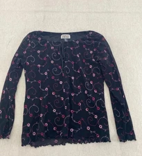 Style & Co Collection Blouse Womens Large Black Collarless Floral Long Sleeve