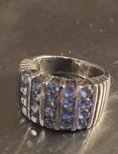 Men Sterling Silver Band Ring Channel-Set Blue Topaz Faceted Gemstones Sz. 7 8gm