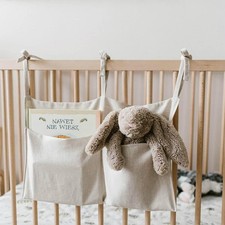 Linen Baby Bedside Hanging Storage Bag,2 Pockets Organizer for Burlywood