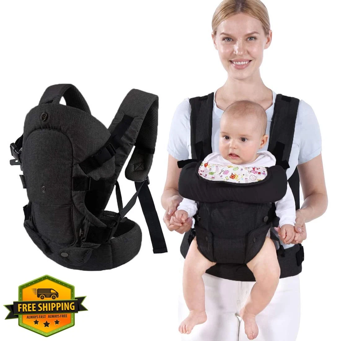 Baby Carrier Wrap, Newborn to Toddler, Black, Adjustable 7-45lbs