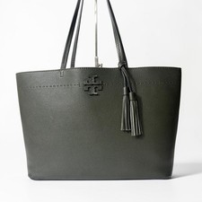 Tory Burch McGraw Green Leather Tote Bag Tassel Large A4 Shoulder Gold Trim