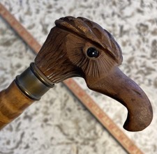 STELLAR Antique Eagle Head Walking Stick Hand Carved Wooden Cane Old Vintage Eye