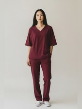 Scrubletics Women's Scrubs Set Top/Bottom Baggy/Loose Burgundy Light Fabric Sz L