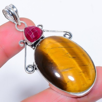 Tiger'S Eye, Ruby Gemstone (Lab-Created) 925 Silver Plated Jewelry Pendant 2.5''