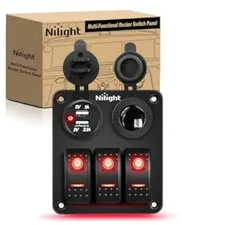 3 Gang Rocker Switch Panel with USB Charger and Cigar Lighter Red Night Red
