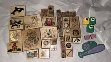 Vintage Wood Block Rubber Stamps Assorted Lot Of 43 & 3 Paper Craft Hole Punches