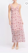 Dizzy Lizzy- Pink Floral Smocked Slip Midi Dress XS V-Neck Sleeveless Lace Trim