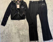 Juicy Couture Y2K Velour Tracksuit Women L Liquorice Black Zip Hoodie Bling 199