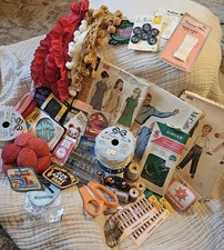 Lot Vtg SEWING NOTIONS, PATCHES PATTERNS, VTG PINCUSHION, BOBBINS, LACE More
