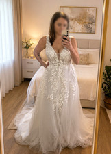 Weißes Brautkleid A-Linie V-Ausschnitt ärme...