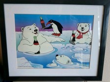 VINTAGE 1998 COCA-COLA MAMA POLAR BEAR, CUBS, & PENGUIN 15"X12" FRAMED PRINT
