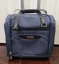 London Fog Under the Seat Carryon Roller Bag Blue 15IN Small Suitcase
