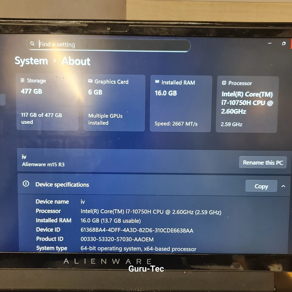 Alienware P87F Core i7-10750H 2.6ghZ GeForce GTX 1660 Ti 16GB RAM 512GB SSD - Image 2 of 4