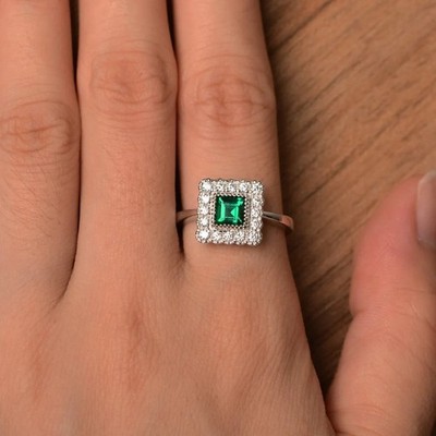2CT Emerald Lab Created Gemstone 925 Silver Plated Dainty Ring Duty Free