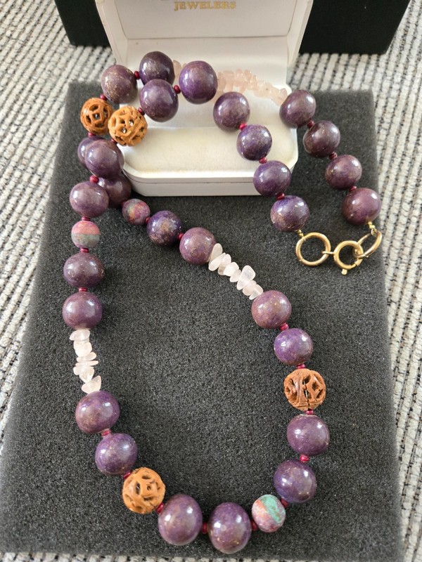 Vintage Stone Beaded Necklace w Gemstones & Carved Seed Nut Beads