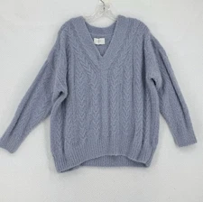 Lucky Brand Womens Light Blue Cable Knit V Neck Fuzzy Pullover Sweater Sz L